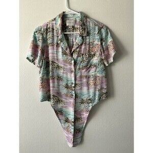 American Eagle Purple Blue Hawaiian Tropical Print Tie Front Shirt Size XS